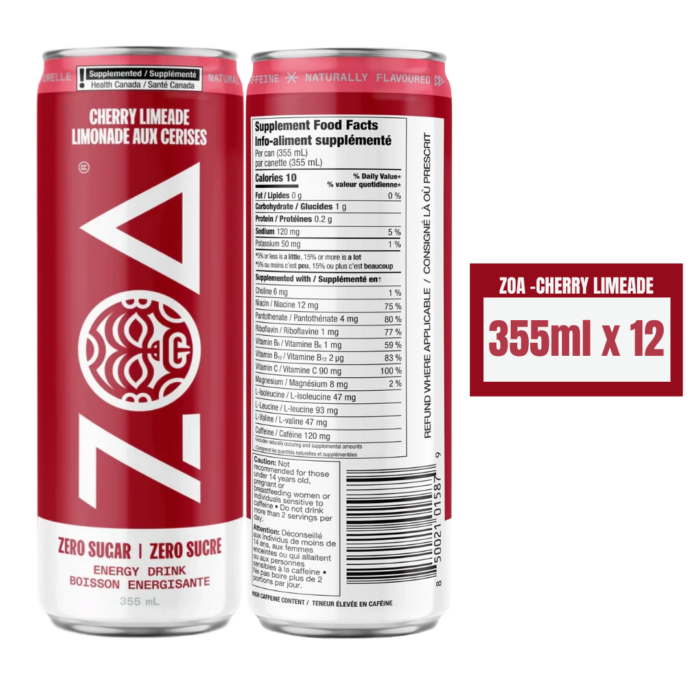 ZOA Zero Sugar Energy Drinks, Cherry Limeade - 355mlx12