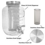 1-Gallon Glass Drink Dispenser & Cold Brew Coffee Maker – Mason Jar Style with Stainless Steel Spigot & Ice/Tea Infuser