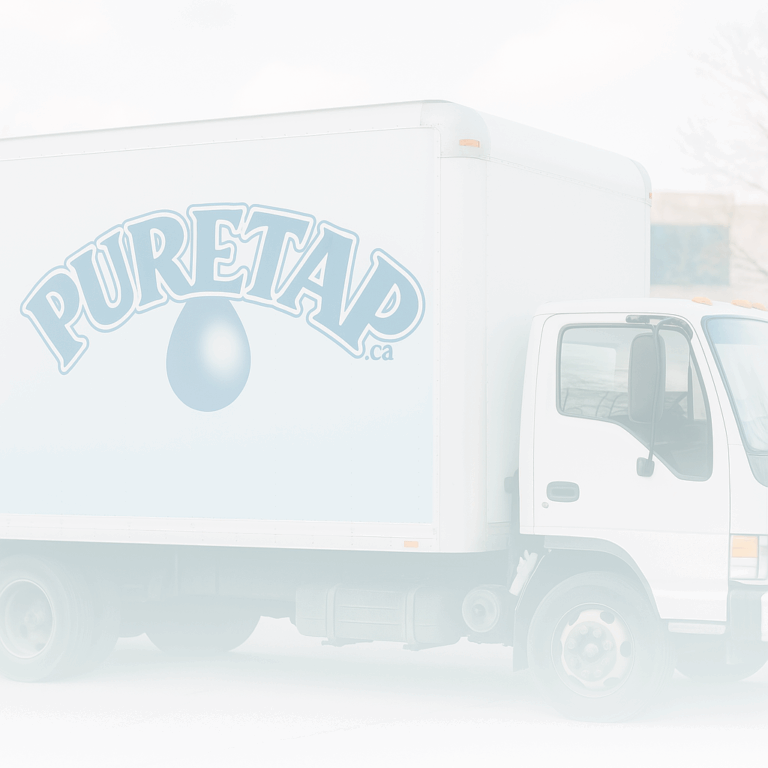 Puretap Water Distillers delivery truck in Mississauga, Ontario – locally bottled distilled and spring water for wholesale and pickup.