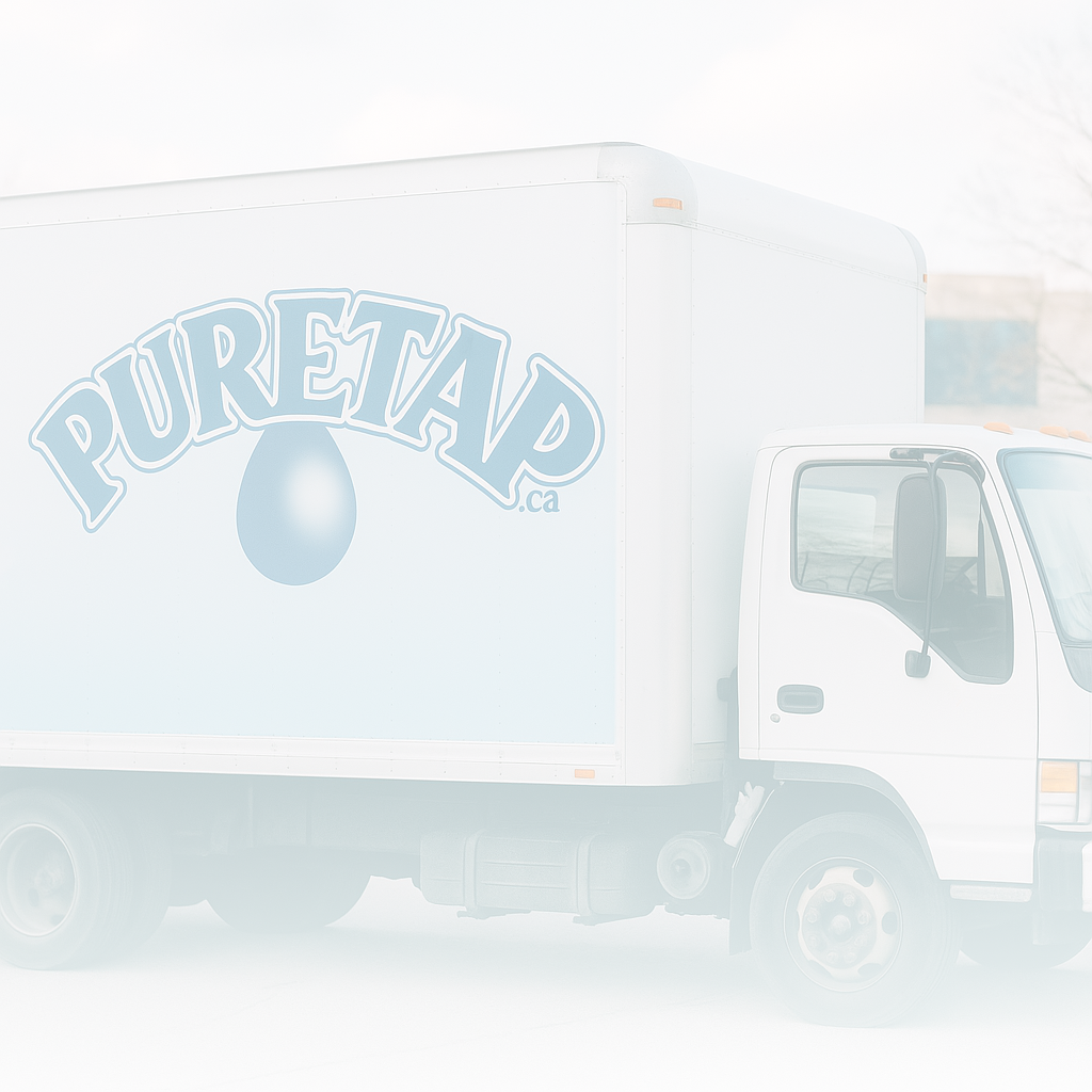 Puretap Water Distillers delivery truck in Mississauga, Ontario – locally bottled distilled and spring water for wholesale and pickup.