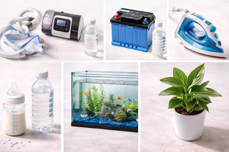 Grid showing multiple uses for distilled water including CPAP machines, car batteries, steam irons, and baby bottles