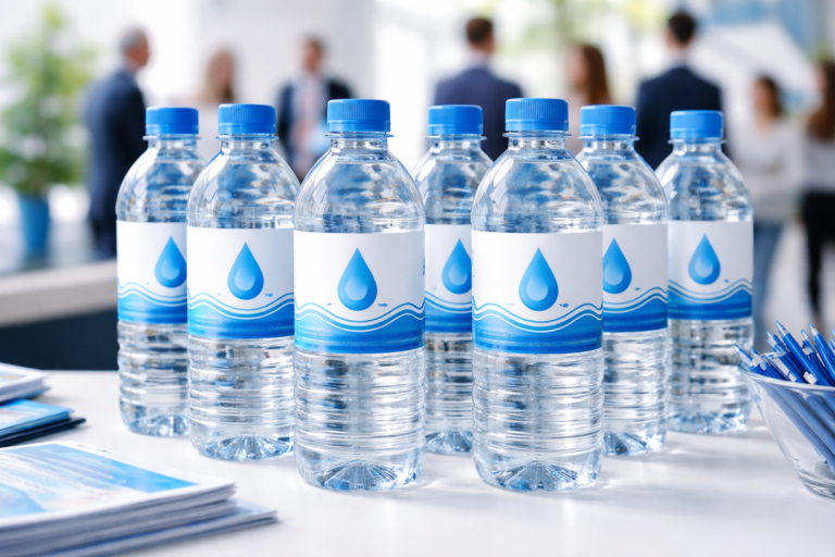 Custom branded 500ml water bottles displayed at a professional business event