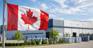 Canadian flag waving in front of a modern manufacturing warehouse facility