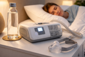 CPAP machine on bedside table with bottle of distilled water for humidifier chamber