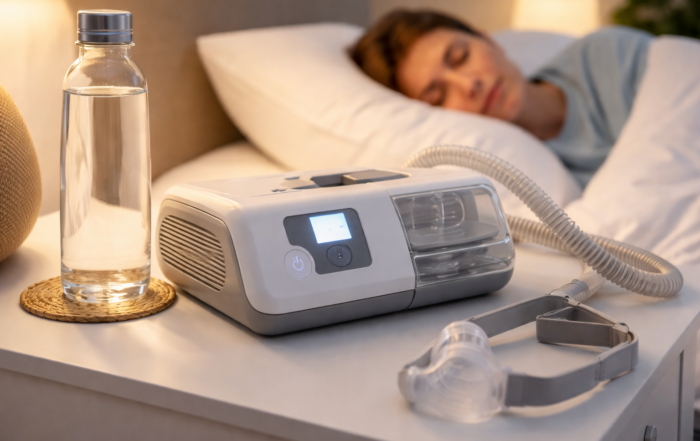 CPAP machine on bedside table with bottle of distilled water for humidifier chamber