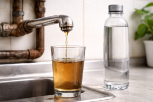 Contaminated brown tap water from old pipes next to clean pure bottled distilled water