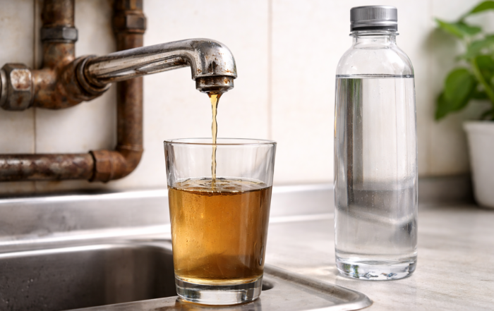 Contaminated brown tap water from old pipes next to clean pure bottled distilled water