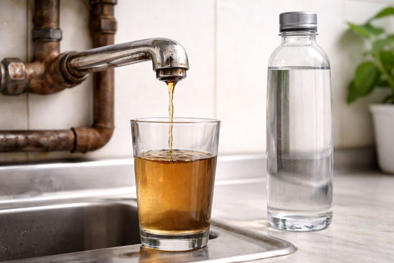Contaminated brown tap water from old pipes next to clean pure bottled distilled water
