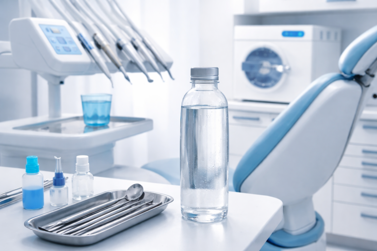 Modern dental clinic with autoclave sterilizer and bottle of distilled water for patient safety