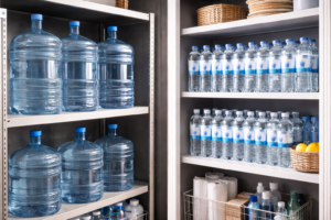 Water bottles neatly organized on clean shelving in a pantry storage room