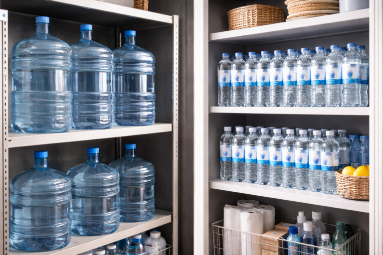 Water bottles neatly organized on clean shelving in a pantry storage room