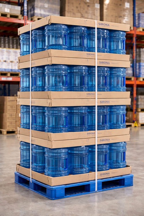 Full pallet of 5 gallon water bottles with cardboard dividers ready for wholesale distribution