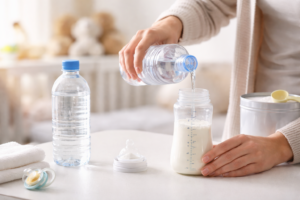 Parent preparing baby formula with pure distilled water in a bright nursery