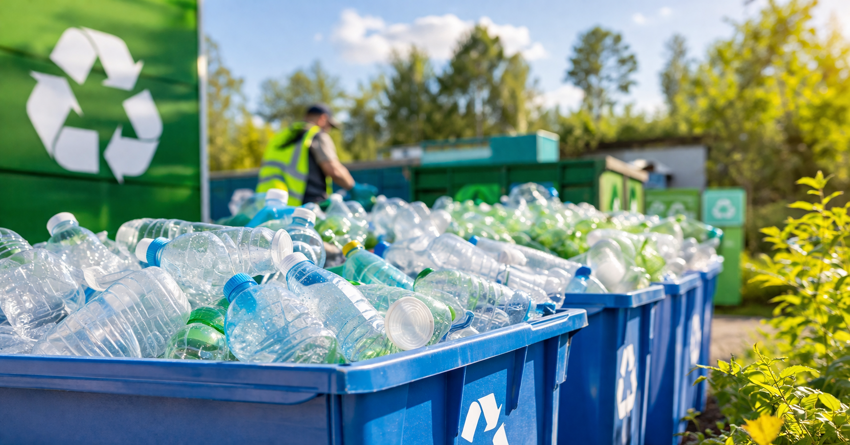 Plastic water bottles being sorted into blue recycling bins at a recycling depot