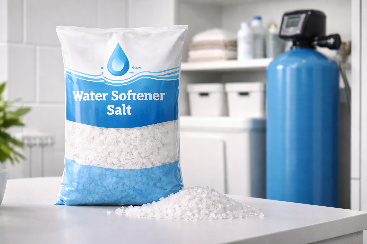 Water softener salt bag next to residential water softener unit in utility room
