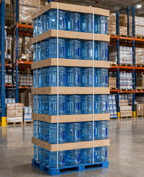 Wholesale 5 gallon water bottles stacked on a pallet in warehouse ready for bulk order pickup or delivery