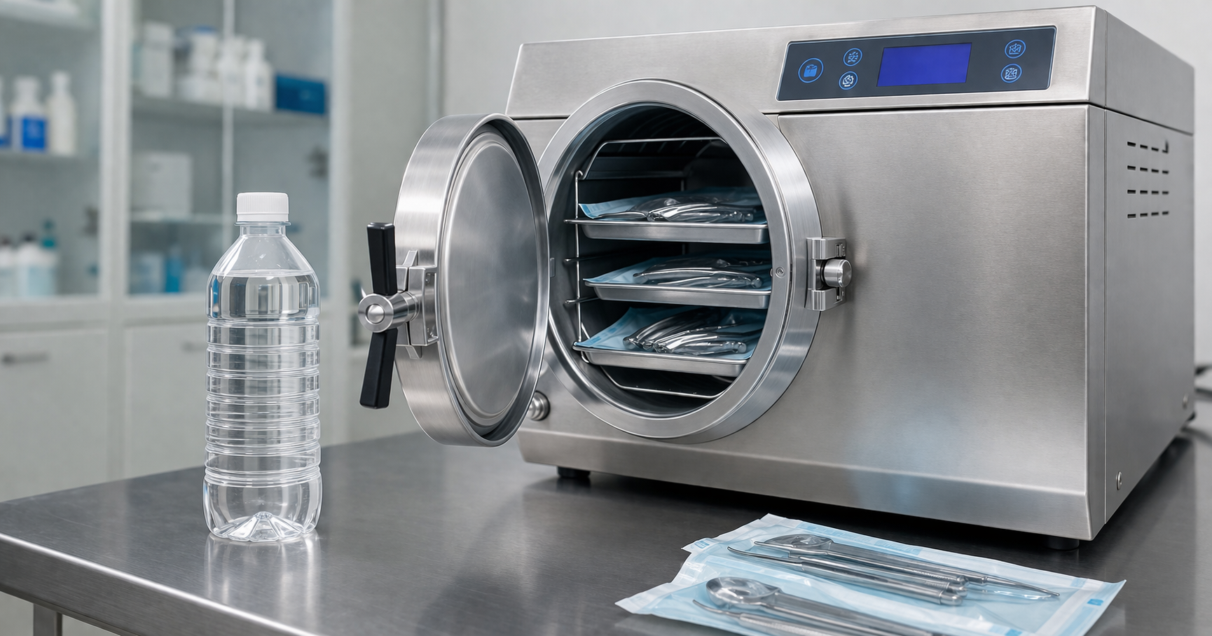 Medical autoclave sterilizer with distilled water in a clinical laboratory setting