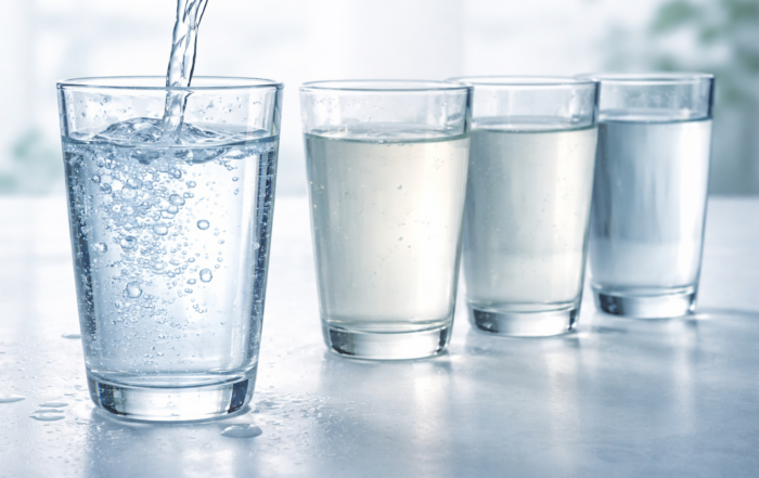 Four glasses comparing distilled water, spring water, reverse osmosis, and filtered water purity