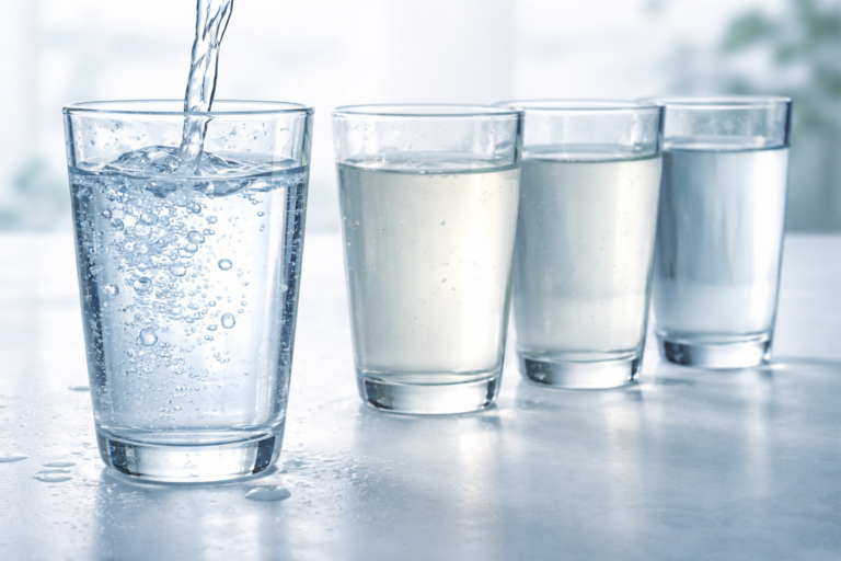 Four glasses comparing distilled water, spring water, reverse osmosis, and filtered water purity