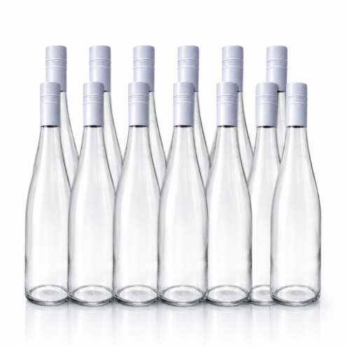 Twelve 750ml clear glass wine bottles with white reusable screw caps