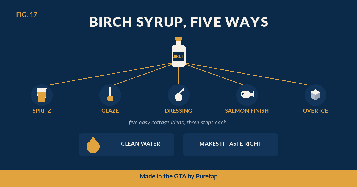 Diagram of five summer recipes using Casa d'Iorio organic birch syrup: a spritz, a glaze, a dressing, a salmon finish, and over ice, with clean water as the canvas.